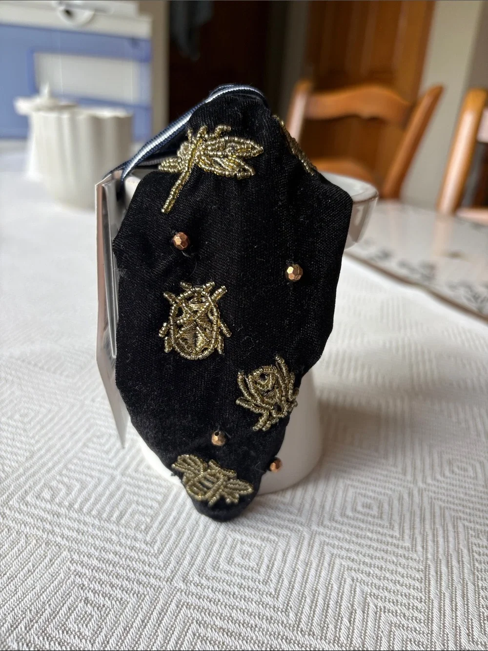 Joules Black Knotted Headband with Gold Bead Embroidery